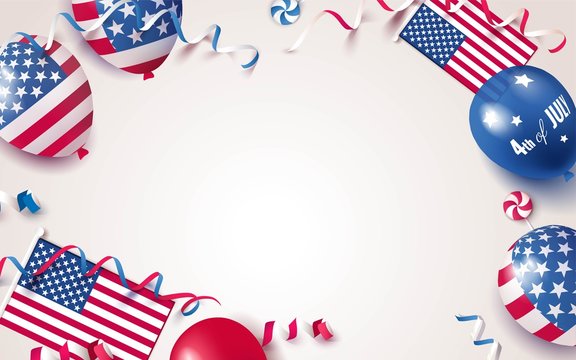 4th Of July. USA Independence Day Celebration Background With Balloons, Flag And Confetti. Festive Border Flat Lay. Vector Illustration