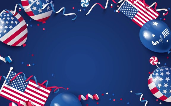 4th of July. USA independence day celebration background with balloons, flag and confetti. Festive frame flat lay. Vector illustration