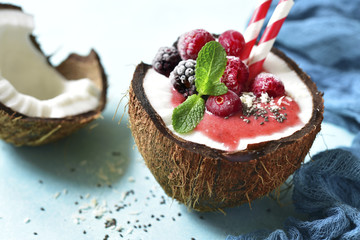 Berry banana smoothie in a coconut shell. - obrazy, fototapety, plakaty
