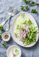 Cabbage, cucumber, red onion, Greek yogurt, coleslaw salad on a blue background, top view. Flat lay