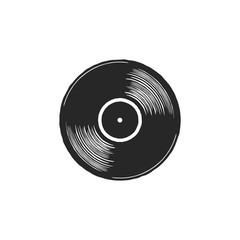 Vintage hand drawn vinyl LP record with gray label. Black Old technology, realistic retro design. Illustration. Stock musical plate icon isolated on white background