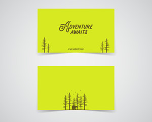 Clean business card template. Mountain, forest, hiking adventure concept with trees. Green, eco color. Stock layout design template isolated on white background