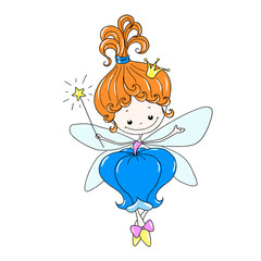 Cute cartoon character fairy. Flower fairy with a magic wand. Fairy in a floral dress. Mythical creature with wings. Vector isolated, hand drawing.