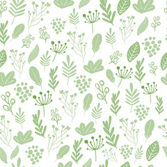 Vector floral pattern in doodle style with flowers and leaves. Gentle, spring floral background.