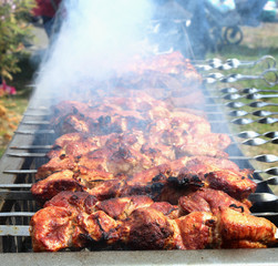 Skewers with meat on the barbecue grill