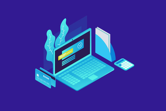 Workplace in office. Isometric image of laptop, calculator and bank cards on blue background. Vector illustration.