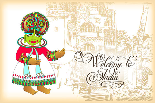 Welcome to India travel card design with hand lettering inscript
