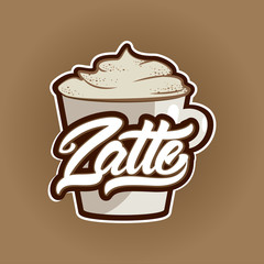 Latte coffee cup in lettering style with cream and cinnamon illustrations. Emblem or logo. Vector illustration design.