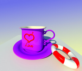 The cup of love served with saving belt 3d illustration. Purple mug and saucer, gradient background, perspective view. Collection.