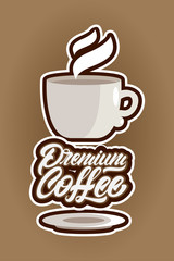 Premium coffee in lettering style with cup illustration. Emblem or logo. Vector illustration design.