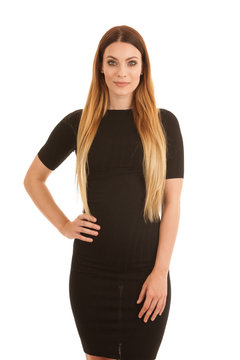 young business woman in black dress isolated over white background