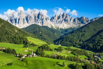 Val di Funes valley, Santa Maddalena touristic village in Dolomites, Italy