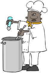 Illustration of a black chef stirring a large pot of soup and adding salt to it.