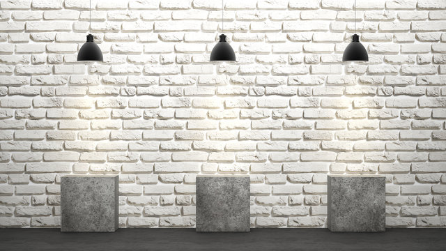 White brick wall with chandeliers (3D rendering)