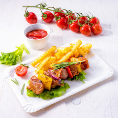 shish kebab skewers with marinated ham meat paprika and red onion