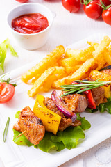 shish kebab skewers with marinated ham meat paprika and red onion