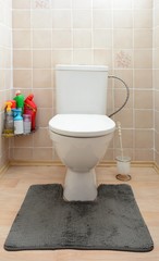 View into the old style  toilet room with gray rug and group of detergents in the corner.