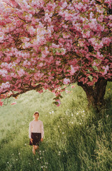 Spring image of blooming sakura. Kid girl playing with decorative cherry tree, happy childhood in countryside