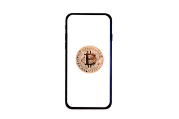 Bitcoin symbol on mobile app. Bitcoin grow concept. New digital money.