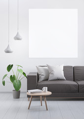 4359160 Modern vintage living room. Brown leather sofa on a grey wooden floor and light wall. 3D render.