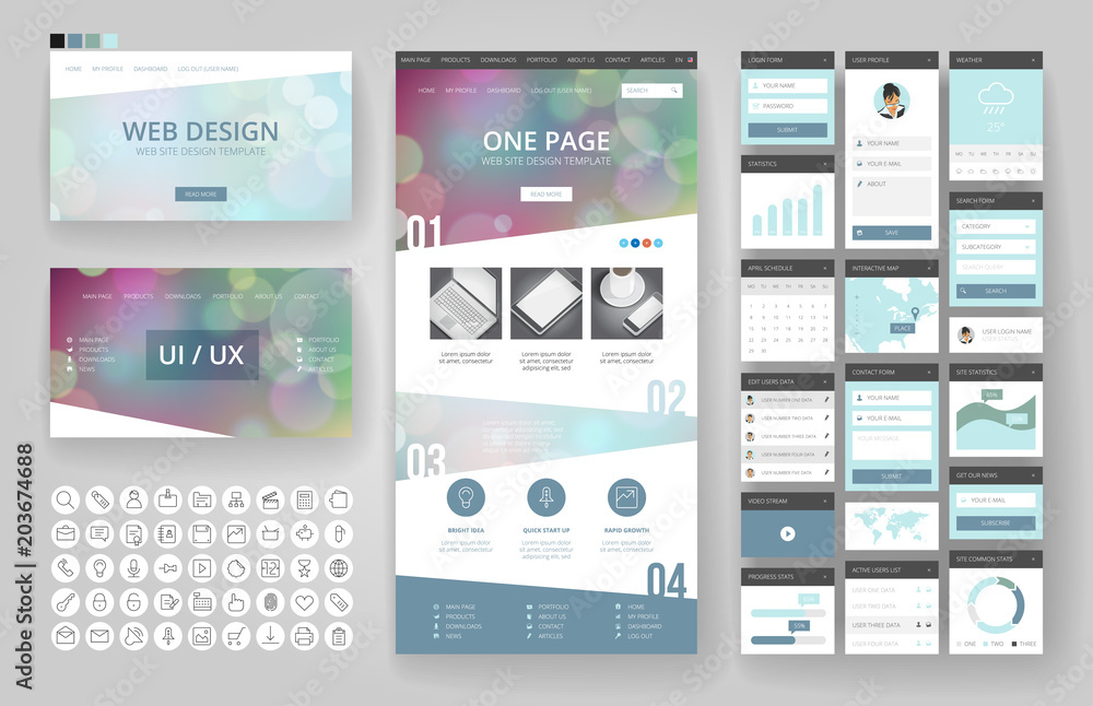 Wall mural website design template and interface elements