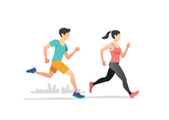 Healthy lifestyle vector illustration. Young people jogging and exercising. - obrazy, fototapety, plakaty
