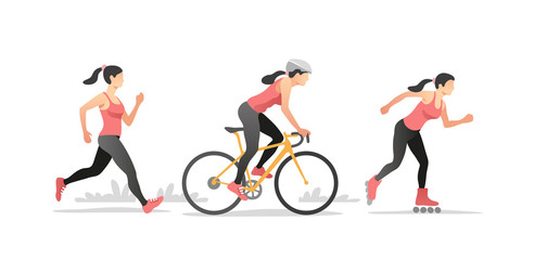 Set of linear drawing active young woman. Roller skating, bicycling, running. Healthy lifestyle. Vector illustration.