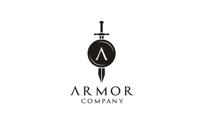 Shield Armor Sword Initial Letter A for Military Legal Insurance logo design inspiration	