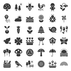 Picnic, nature and spring icon set, such as picnic basket, floral, bird, rainbow, bird nest, playing kite, sun raising, solid icon