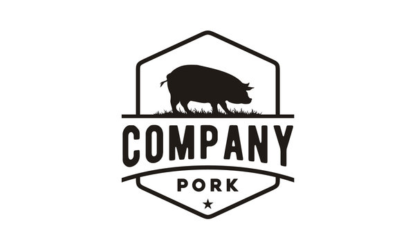 Pork Pig Boar Farm Silhouette Vintage Badge Emblem Label Logo design inspiration