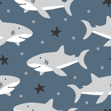 vector seamless background pattern with funny baby sharks for fabric, textile
