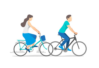 Happy young couple riding on bicycle. Vector illustration.