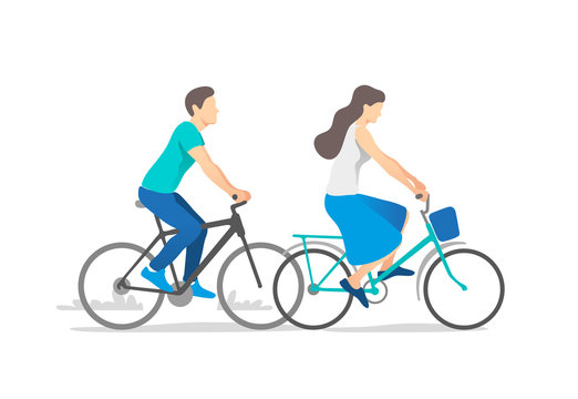 Happy young couple riding on bicycle. Vector illustration.