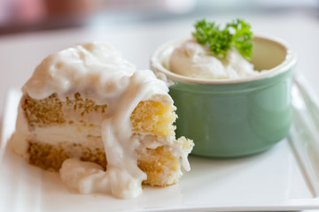 Coconut cake and ice cream.