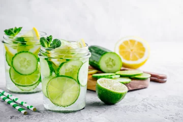 Küchenrückwand glas motiv Infused detox water with cucumber, lemon and lime. © nblxer