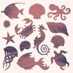 Vector silhouettes of marine life. Undersea world. Banner with sea animals.