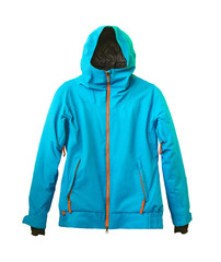 Winter ski blue jacket isolated on white background. Sports membrane clothes with hood, zipper and...