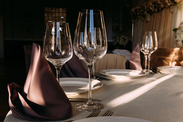 large empty glass wine glasses on table in restaurant