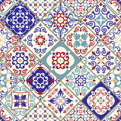 Seamless vintage pattern with colorful patchwork in turkish style. Endless pattern can be used for ceramic tile, wallpaper, linoleum, textile, web page background. Vector illustration
