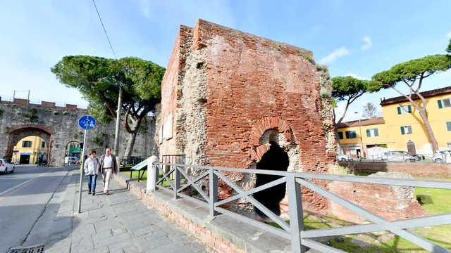 PISA, ITALY - APRIL 30, 2018: Time Lapse of Nero baths with tourists. Pisa attracts 5 million people annually