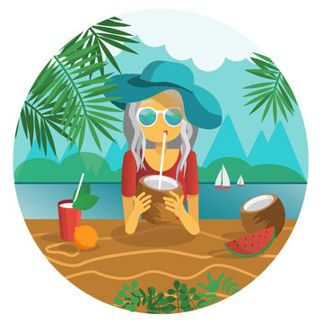 young woman in a hat drinking a coconut with a sipping straw vector illustration. summer concept