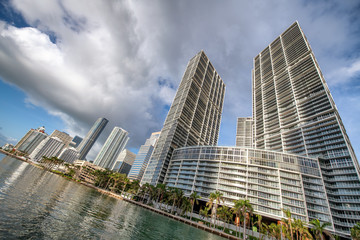 Fototapeta na wymiar Downtown Miami skyline and buildings reflections from Brickell Key