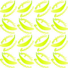 Seamless pattern with bananas and text- organic banana. Bright yellow contour on white background. Vector illustration for design textiles, wallpapers, postcards, poster, labels mock-up.
