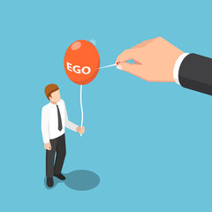 Isometric big hand use needle to destroy ego balloon of businessman
