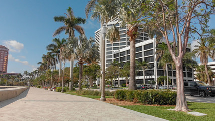 Fototapeta na wymiar Aerial panoramic skyline of West Palm Beach buildings. The city attracts 10 million tourists anually