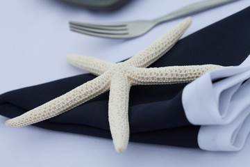 close up view of nice white sea star  as a decoration  on table