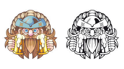 cartoon pirate with beer in hands, funny illustration