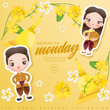 Boy and girl wearing traditional Thai dress : Vector Illustration