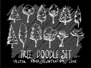 Hand drawn doodle vector illustration line Tree set on Chalkboard eps10
