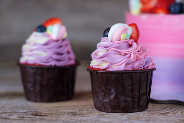 beautiful home made pink purple cake and cupcakes
